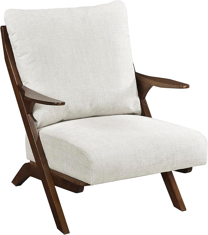 Lexicon Mid Century Modern Accent Chair Pascal Brown Solid Rubberwood Frame Reversible Back Cushion Woven Chenille Upholstered Reading Chair for Living Room/Bedroom/Office Beige