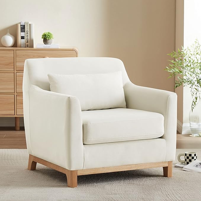 Extra Deep Accent Chair Fabric Upholstered Comfy Reading Armchair for Living Room Bedroom Single Seat Sofa Chair with Wood Base Velvet Beige