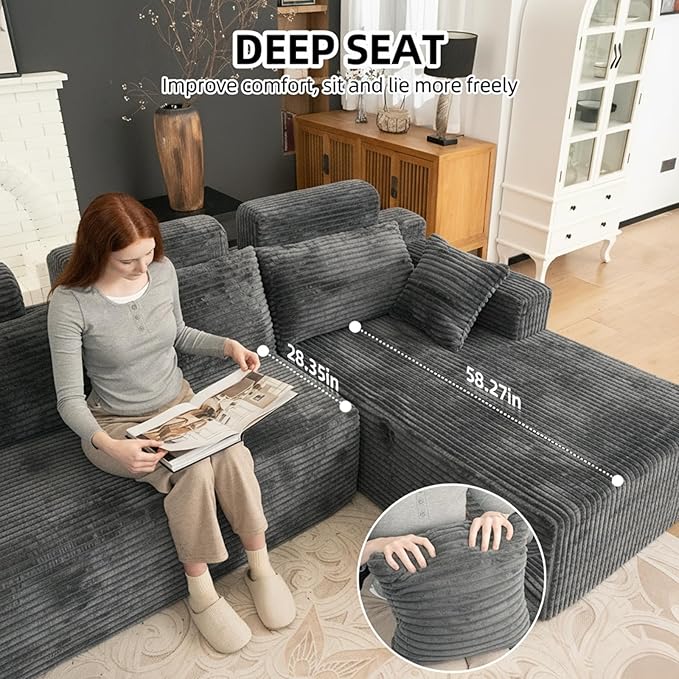 134 Boneless Couch for Living Room Oversized U Shaped Modular Cloud Sofa with Deep Seat Ergonomic Memory Foam Sleeper Chair Comfy Fluffy Corduroy Sectional Couches No Assembly Grey