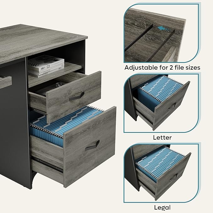 Bestier Office Desk with Drawers 55 inch Industrial Computer Desk with Storage Wood Teacher Desk with Keyboard Tray &amp File Drawer for Home Office Dark Gray Oak