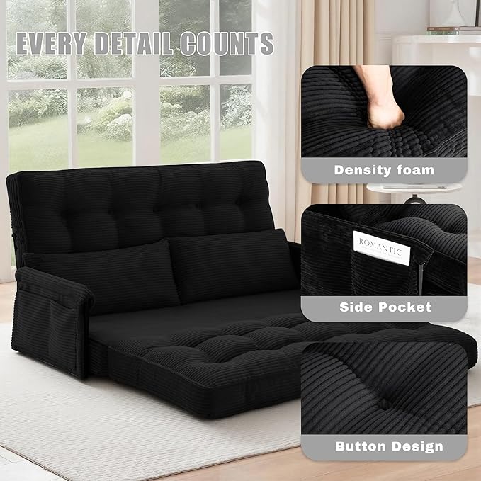 5-Position Adjustable Floor Sofa CouchMulti-Functional Bean Bag BedFoldable Lazy Sofa Sleeper Bed with ArmrestIdeal for Reading and Playing (Black)