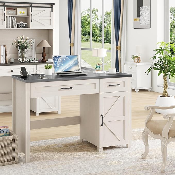 Farmhouse 47 Executive Desk Computer Desk with Drawers and Storage Cabinet Workstation Computer Desk for Home Office Study.