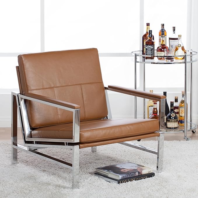 Studio Designs Atlas Modern Accent Chair with Padded Armrests - 29.5 W x 32 D x 33 H - Armchair for Home or Office - Caramel Brown Bonded Leather Fabric and Chrome Legs