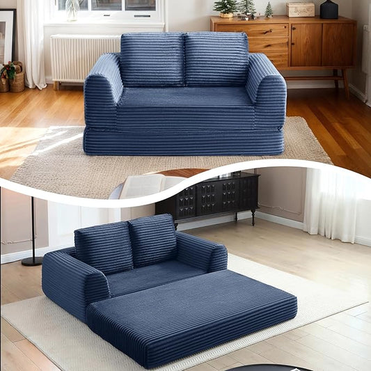 63 Corduroy Boneless Couch 2-Seater Compression Sofa with 2 Throw Pillows No Assembly Required Comfy Loveseat Sofa in a Box Modern Couches for Living Room (Blue 63 inch &amp Pull-Out Bed) | Bre