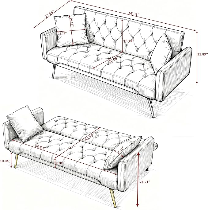 Futon Sofa Bed Convertible Futon Couch with Adjustable Backrest 68.31” Folding Sofa Bed with 2 Pillows &amp Metal Legs Sleeper Loveseat with Armrest for Home Office Dark Gray
