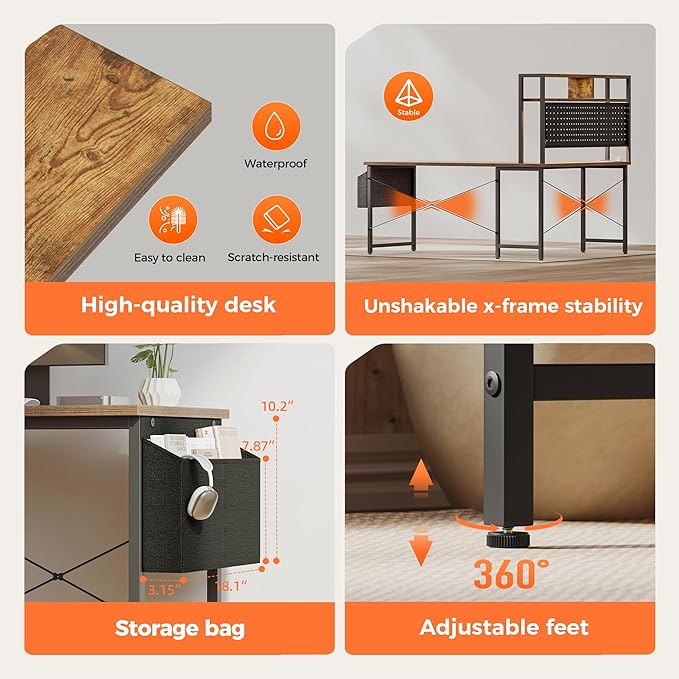 Mericonia 59 inch Large L Shaped Desk with Pegboard Hutch &amp Shelves Corner Gaming Desk with Power Outlet LED Light &amp Storage Bag Reversible Computer Desk for Home Bedroom Office Workspace