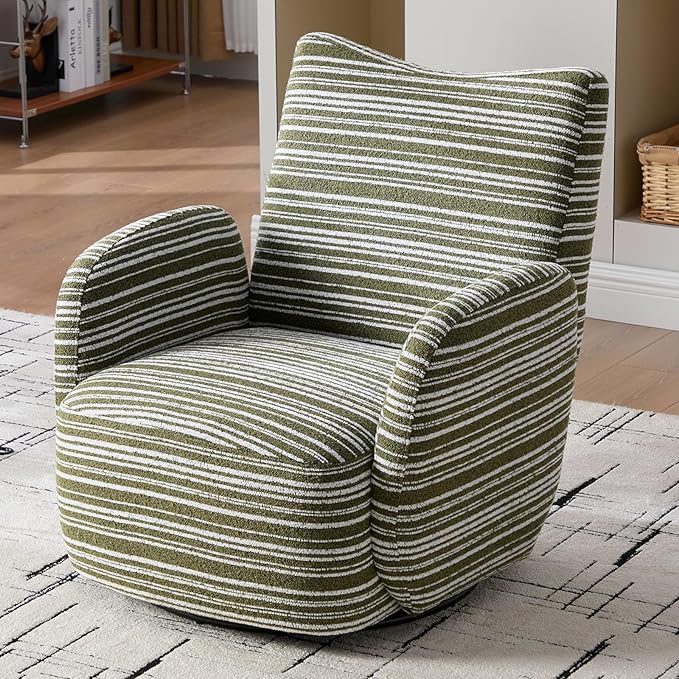 360° Swivel Accent Chair with Armrest Modern Striped Upholstered Lounge Chair Stable Round Base &amp Sturdy Metal Frame Armchair for Bedroom Living Room Office &amp Vanity (Olive Green)