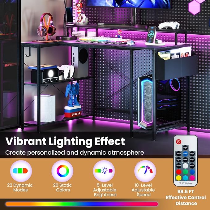 Tangkula L-Shaped Gaming Desk with LED Lights &amp Power Outlets 48 Computer Desk with Storage Shelves &amp Monitor Stand Corner Gaming Desk with Metal Frame Home Office Desk (Black)
