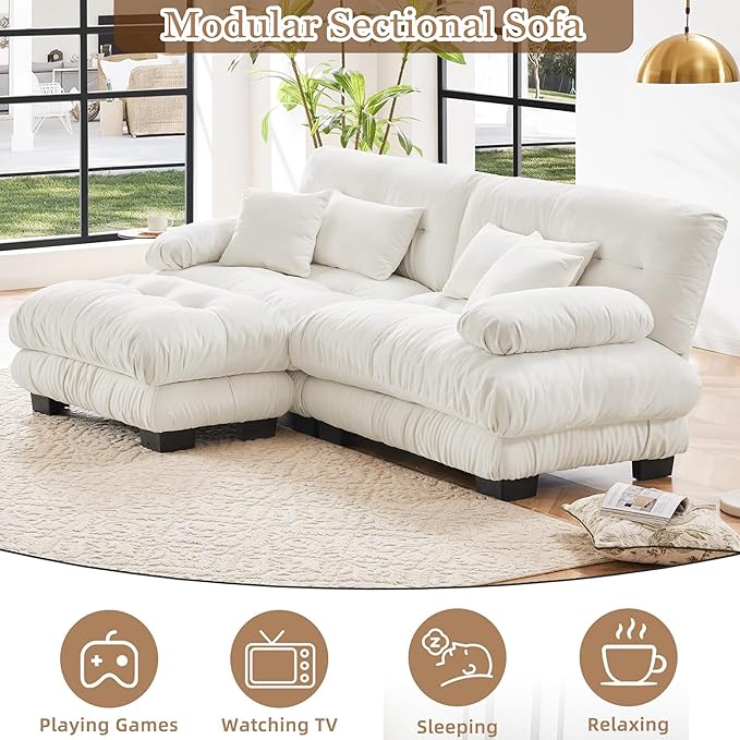Deep Seat Sectional Sofa 94.4 Comfy Cloud Couch Loveseat with Ottoman Chenille 2 Seater Sofa with 2 Lumbar Pillows and 2 Throw Pillows Couches for Living Room (White 2 Seat + 1 Ottoman)