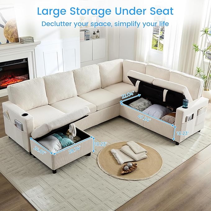 PUREMIND 100 Sectional Sleeper Sofa with Pull Out Bed U Shaped Modular Sectional Sofa with Storage Chaise Corduroy Cloud Sofa Bed with Cup Holders for Living Room Bedroom Apartment Beige