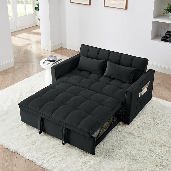 KEIKI 54.33 Pull-Out Sofa Couch Bed 2 in 1 Convertible Velvet Sleeper Sofa with Adjustable Back for Apartment Living Room Black
