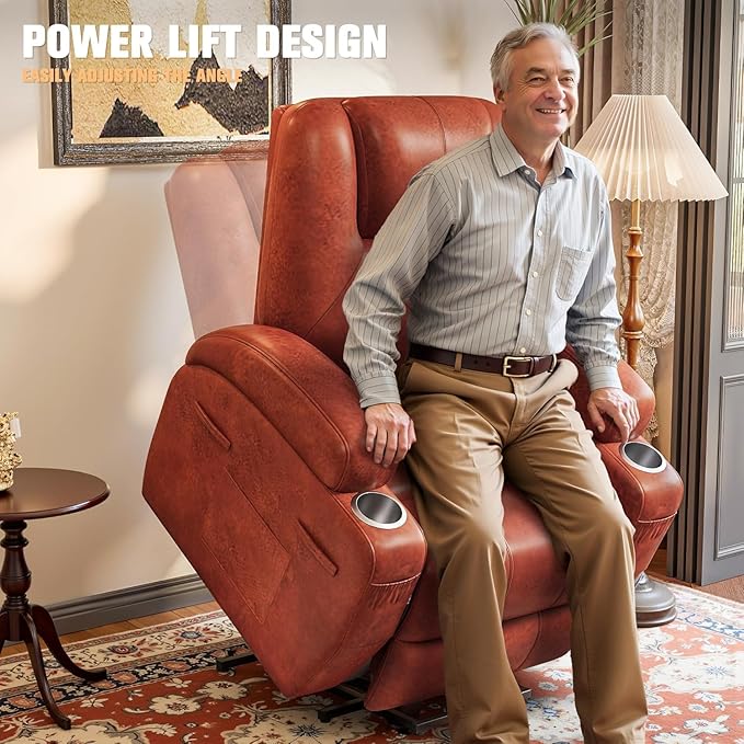 Flamaker Power Lift Recliner Chair Electric Lift Recliner for Elderly Power Lift Recliner Chair with Cup Holders Side Pockets for Living Room (Leathaire Dark Brown)