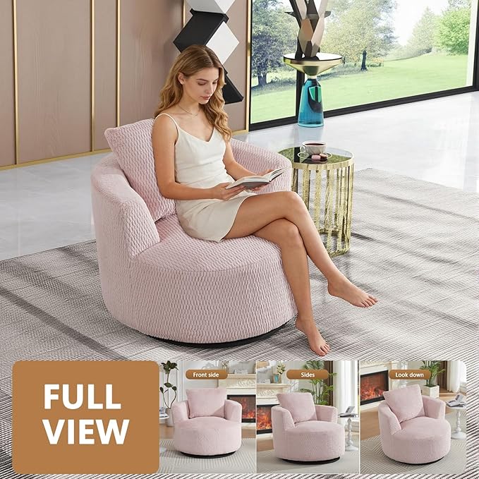 mikibama Swivel Accent Chair 360° Round Swivel Barrel Chair with Pillows Upholstered Corduroy Armchair Sofa Chair for Living Room Bedroom Reading Room Pink