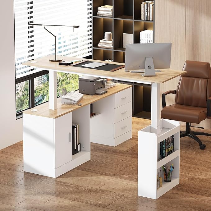 63 Large Electric Standing Office Desk with Drawers Modern Executive Deep L Shaped Computer Raising Stand up Desk with Shelves Storage for Home Office Adjustable Height White &amp Natural