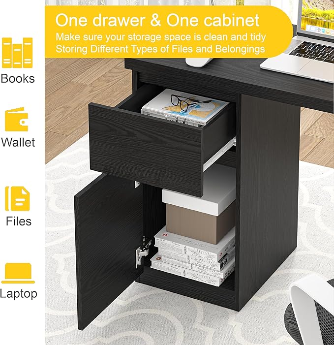 furtble Computer Desk with Drawers 43 Inch Wood Work Desk Home Office PC Desk Workstation with Storage Modern Computer Table for Bedroom Living Room Black