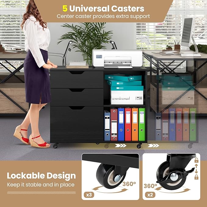 3 Drawer File Cabinet Wood Lateral Filing Cabinet for Hanging Letter A4 Legal Size Rolling Printer Stand with Adjustable Shelf Under Desk Storage for Home Office (Black)