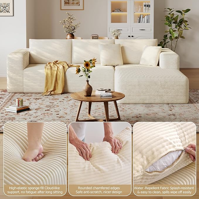 108'' Sectional Boneless Couches for Living RoomCloud Sectional Couch with L-Shape ChaiseModern Corduroy Modular Sofa with Deep SeatNo Assembly Required(Right Facing ChaiseBeige)