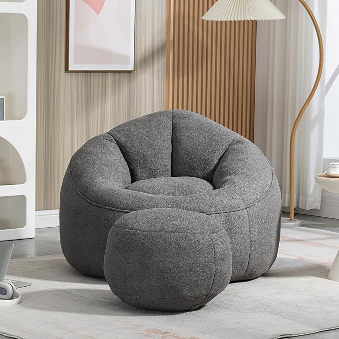 Small Bean Bag Chairs for Adults Single Sofa Chair with Ottoman Footrest Bean Bag Couch for Teens with Foam Filler Included Comfy Soft Lazy Sofa for Small Space/Living Room/Bedroom/Study