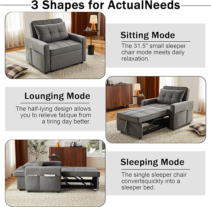 Sofa Bed Chair Convertible Sleeper Sofa with Pull-Out Bed 3-in-1 Futon Couch with Reclining Backrest and Side Pocket (Dark Grey 35.6‘)