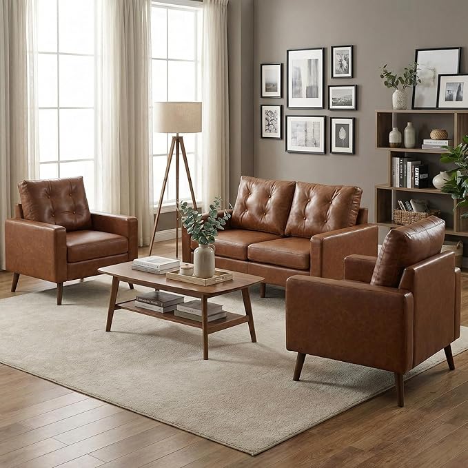 Wahson 53 Wide Loveseat with Armrest Upholstered 2-Seater Tufted PU Leather Double Sofa Mini Sofa with Wooden Legs Mid Century Modern Couch for Bedroom/Living Room Brown