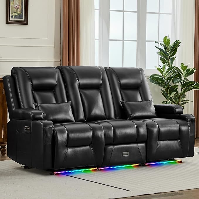 URRED Wall Hugger Power Recliner Sofa RV Double Reclining 3-Seater Couch for Living Room with LED Lights USB Ports Cup Holders and Side Pockets Outlets Drawer Faux Leather – Black