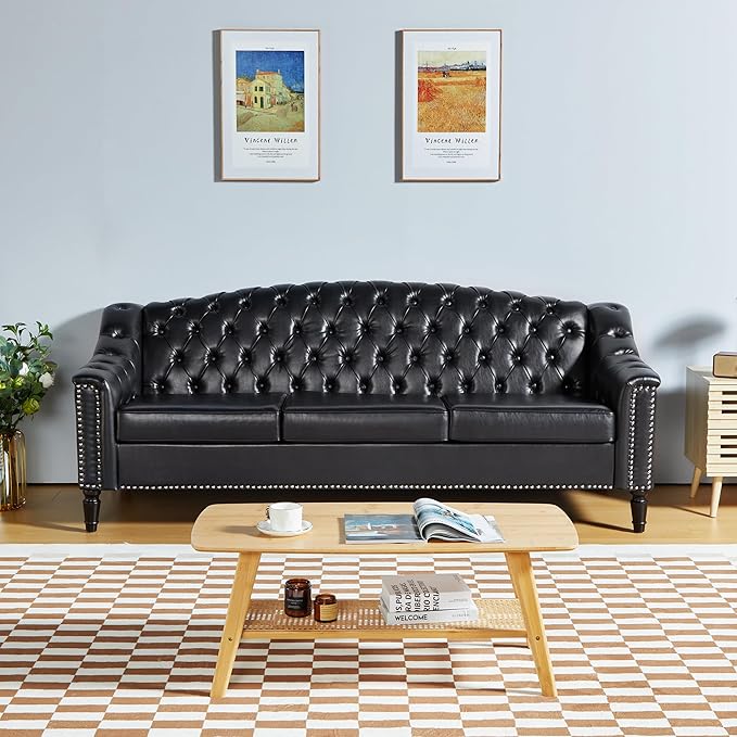 AVZEAR 3 Seater Large Sofa Chesterfield Sofa Set 80 Mid-Century Modern PU Sofa Upholstered Couch with Nailhead Trim and Button Tufted for Living Room Office Bedroom Black