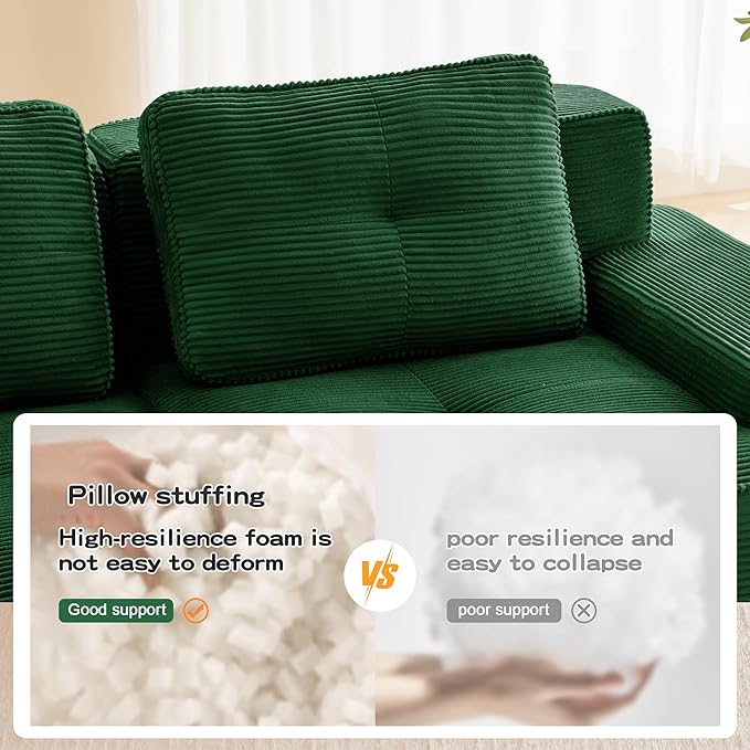 150.4'' Sectional Sofa 32D Foam Corduroy Boneless Couch with Pillow Deep Seat Wide Arm Sectional Couch for Apartment Living Room Bedroom