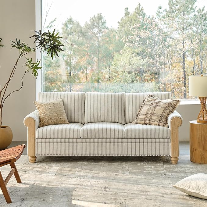EcoHarbor Living 3-Seater Couch Stripe 81 Mid-Century Modern Upholstered Sofa with Armrests Stripe Couches for Living Room Bedroom Office Apartment