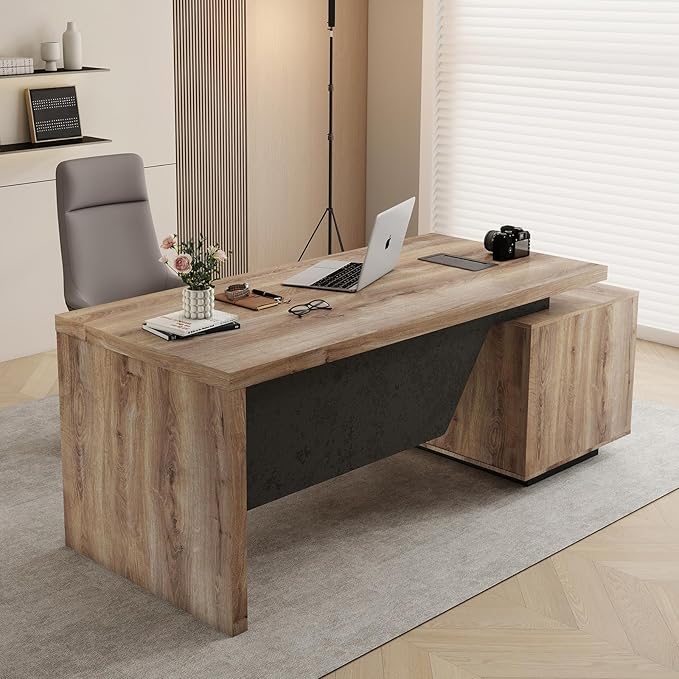 Modern Executive Desk Rectangle Office Desk with Storage Cabinet Width Adjustable Standing Desks Stand Under Table Storage Organizer Mahogany