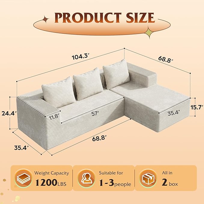 WLIVE 104'' Cloud Sectional Couches for Living Room Modular Boneless Couch with Left Facing Chaise L Shape Memory Foam Corduroy with Cushion Beige