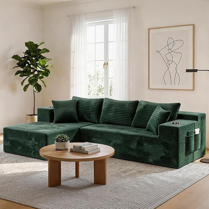 Realbear 108 Cloud Sectional Couch Sofa with L-Shape Chaise Modular Sectional Couch with Deep Seat for Living Room Bedroom No Assembly Required (Green 108 Left Facing Chaise)