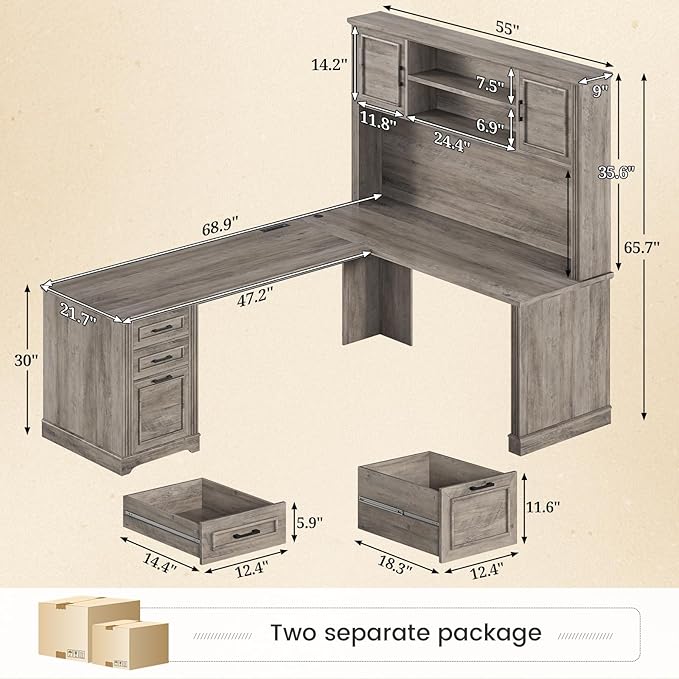 SEDETA Farmhouse L Shaped Desk with Hutch and 3 Drawers 68.9 Executive Office Desk with File Drawer and Power Outlet Corner Computer Desk with Storage Shelves for Home Office (Grey)