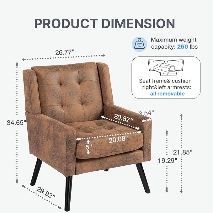 Mid-Century Modern Accent Chair Plush Suede Fabric with Button Tufted High Back &amp 5 Thick Cushion High Comfort Reading Chair for Living Room Bedroom Office (Brown)