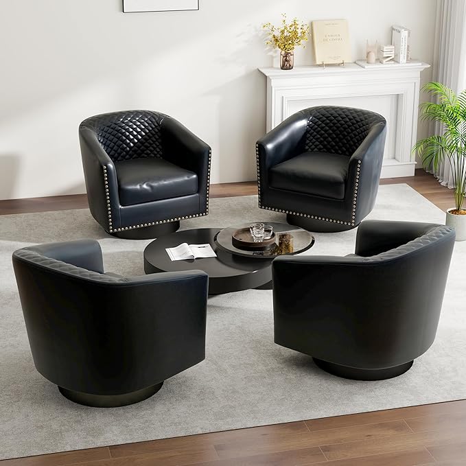 Swivel Barrel Accent Chair Comfy Modern Upholstered Round Faux Leather Arm Chair for Living Room Bedroom（Black Set of 4