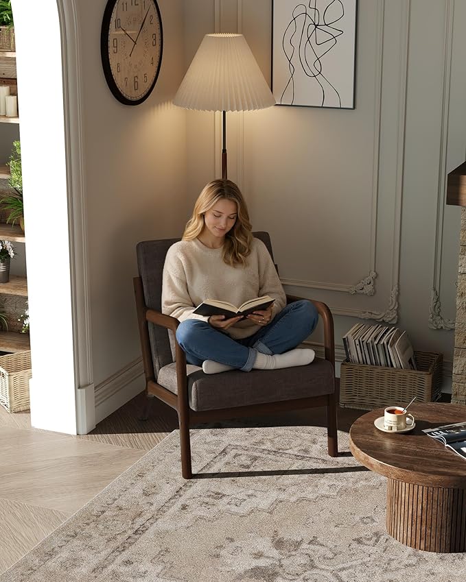 GarveeHome Mid-Century Accent Chair Cozy Chenille Reading and Lounge Armchair with Lumbar Pillow Modern Wood Frame for Living Room Bedroom Office Brown