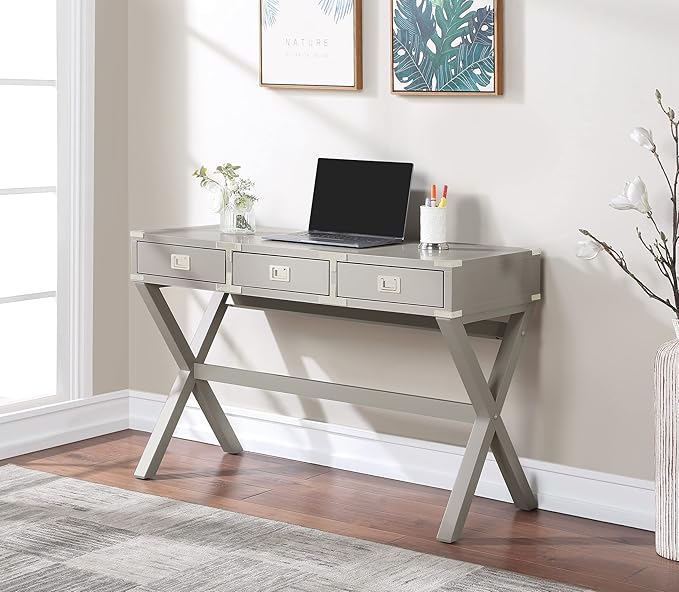 OSP Home Furnishings Wellington 46-Inch Writing Desk with Power Hub and 3 Storage Drawers Grey