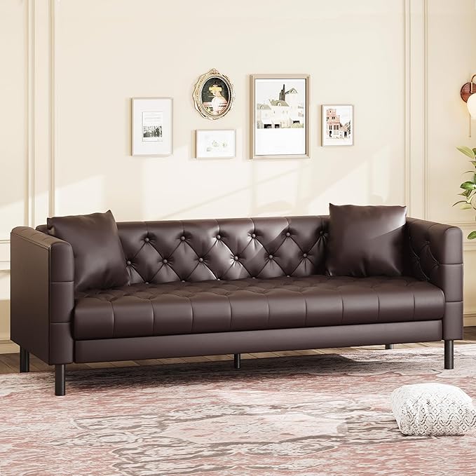 IDEALHOUSE 81 Mid-Century Modern Leather Sofa for Living Room Chesterfield Sofa with Deep Seats and 2 Pillows 3 Seater Couch with Button Tufted Leather Couch for Apartment Office Dark Brown
