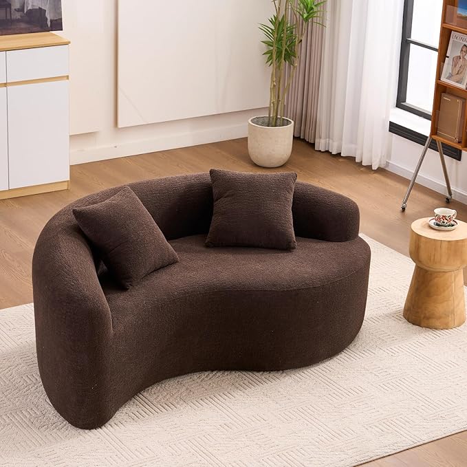 67 Curved Loveseat SofaFull Sponge Compression Sofa Chinese Tai Chi StyleS-Shaped Couch for Small SpacesNo Installation RequirementWood Grain Chenille Fabric （Brown67）