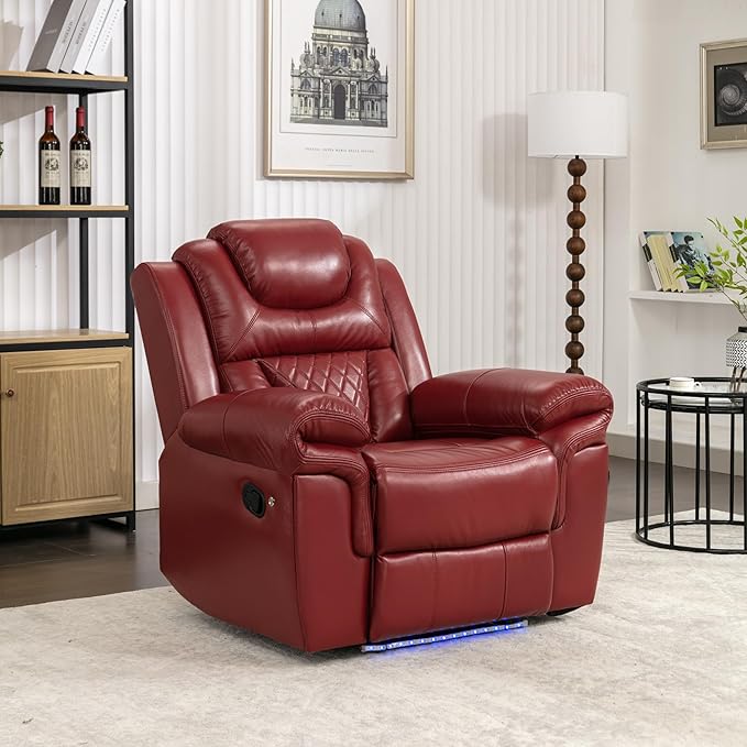 ERYE Manual Recliner Chair with LED Light Strip for Living Room Bedroom Manual Reclining Home Theater Seating Armchair Faux Leather Tufted