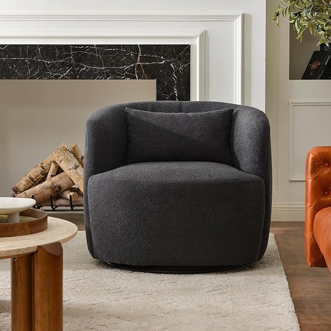 KINWELL 34 Wide Boucle Swivel Barrel Chair No Assembly Round Upholstered Armchair Accent Chair Single Sofa Chair with Toss Pillow for Living Room and Bedroom Dark Grey