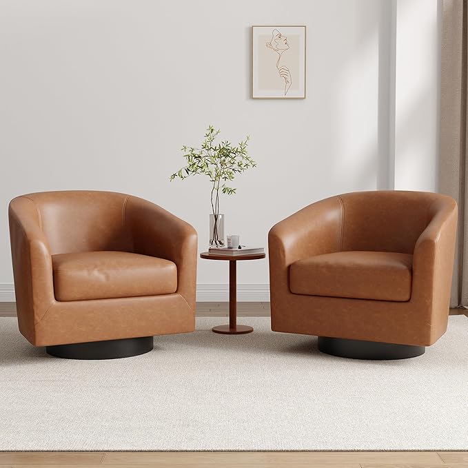Lumibee Faux Leather Swivel Barrel Chairs Upholstered Comfy Round Swivel Accent Chair 360° Rotation Single Sofa Club Armchair for Living Room Reading Room Bedroom Brown