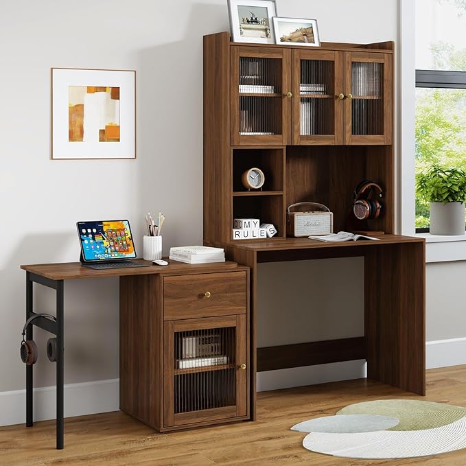 KEIKI L Shaped Home Office Desks with 90° Rotating Retractable Desktop Glass Door Hutch Drawers Bookshelf &amp Storage Shelves Modern Gaming Computer Corner Table for Work Study Writing Walnu