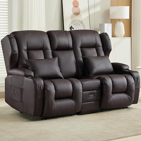 DRMBOOK RV Loveseat Recliner Sofa Double Wall Hugger Reclining Couches Manual Reclinable Movie Seating 2 Person Recliner for Travel Trailer (Leather Brown 2 Seater with Reversible Console)
