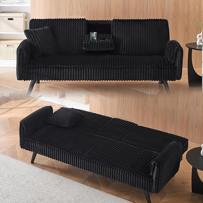 Convertible Folding Futon Sofa Bed with Metal Legs &amp 2 Cupholders Modern New Upholstered Couch Loveseat Sleeper Folding Couches Bed Removable Armrests for Small Spaces (Black New)