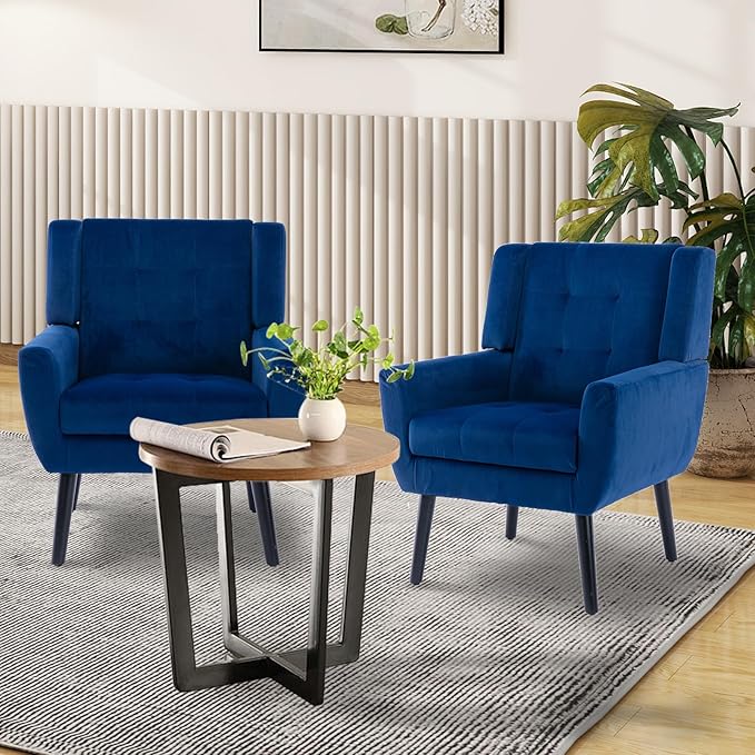 Modern Accent Chair Velvet Upholstered Armchair with Thick Padding Fluffy Comfy Reading Chair Cozy Living Room Chair with Black Wood Legs Single Sofa Chair for Home Office Bedroom Blue