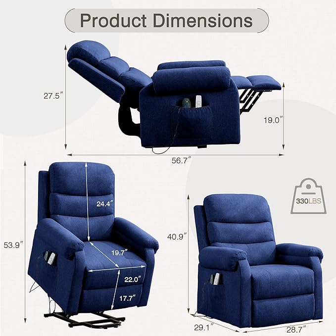 Power Lift Recliner Chair Recliners for Elderly with Heat and Massage Recliner Chair for Living Room with Infinite Position and Side Pocket USB Charge Port (Dark Blue)