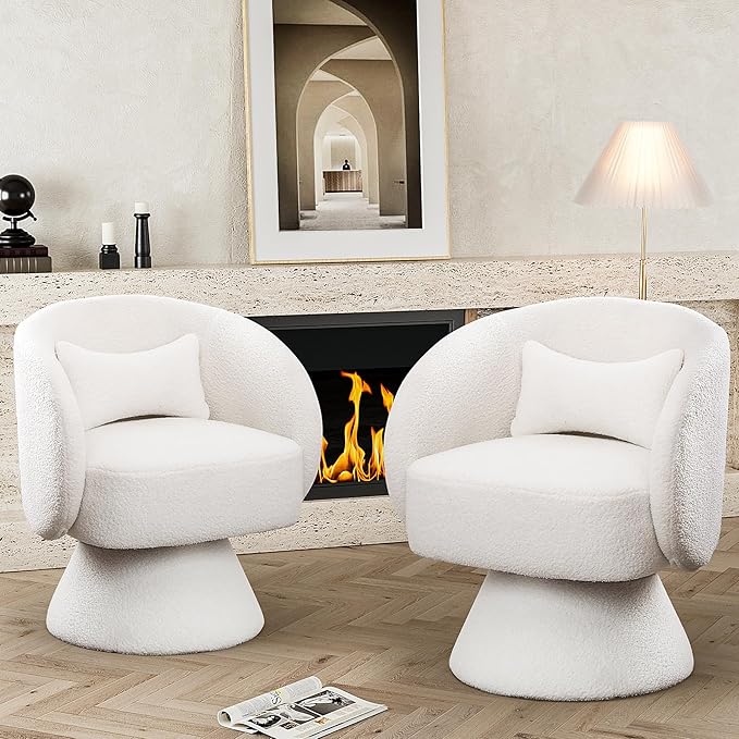 Swivel Barrel Chair Set of 2 Upholstered Swivel Cuddle Accent Chairs for Living Room Comfy 360°Small Round Boucle Sherpa Barrel Armchair for Bedroom Nursery (White Teddy)