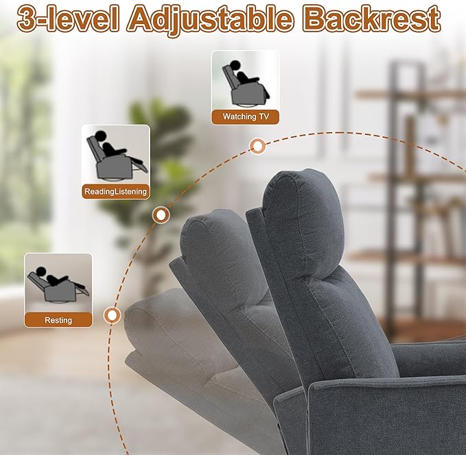 Manual 360° Swivel Rocker Recliner Chair for Adults Overstuffed Glider Chair for Nursery with Vibration Massage and Heat Comfy Soft Fabric Glider with Side Pockets for Living Room Dark Gray