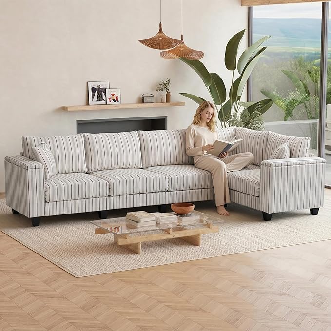 97 L Shaped Couch Corner Sofa 5 Seater Oversized Cloud Couch with 2 Pillows Modular Sectional Sofa Armrests with Two Hidden Storage Space Sectional Couches for Living Room Blue Stripe