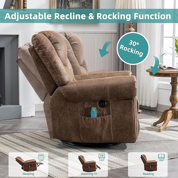 MEETWARM Oversized Massage Rocking Recliner Chair with Heat Manual Glider Swivel Rocker Recliner with High Back 360°Swivel Nursery Reclining Sofa with Remote Control/USB Port for Living Room(Brown)